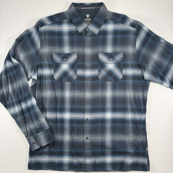 KUHL Dillingr Flannel Mens Large Blue Plaid Chest Pockets Durable Never Worn